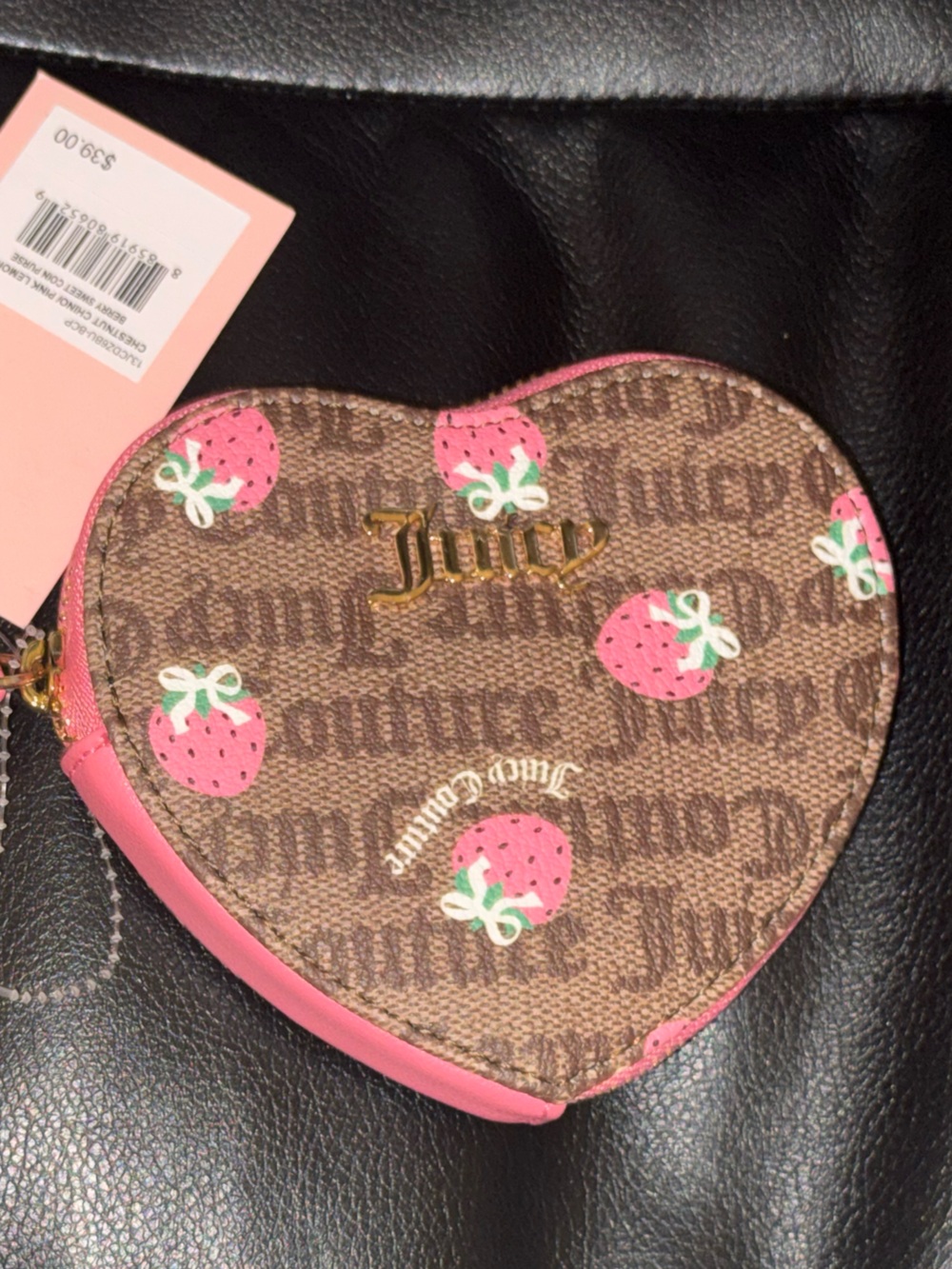 Juicy Couture Pink & Brown Strawberry Heart Wristlet